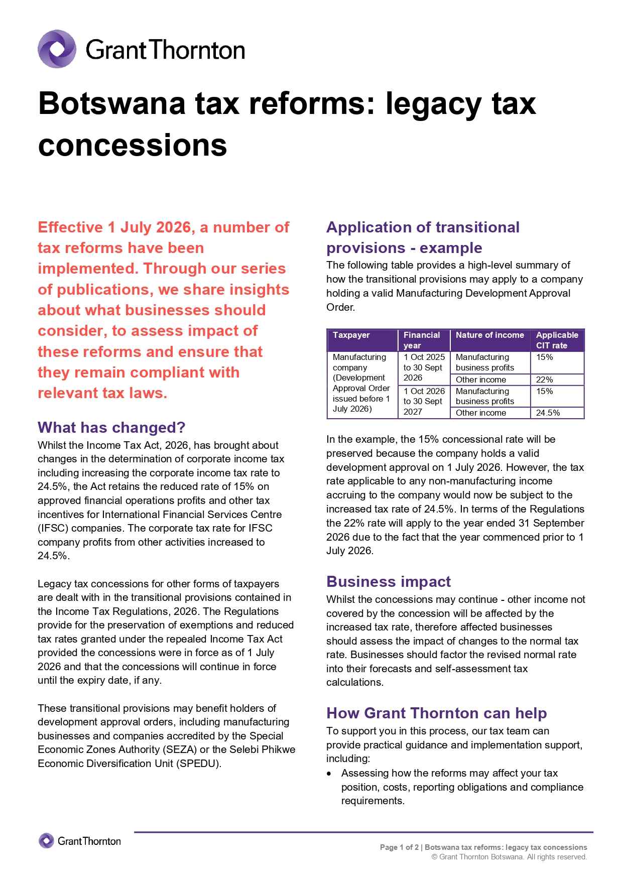 Botswana tax reforms - legacy tax concessions