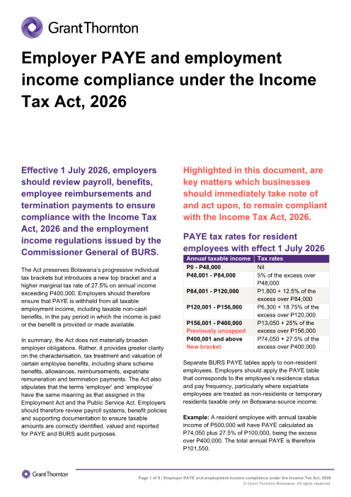 Employer PAYE compliance in Botswana 2026